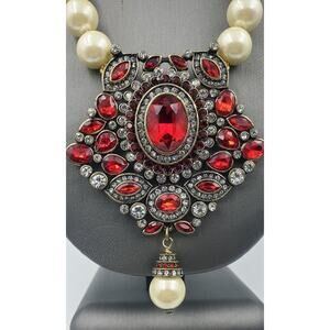 Heidi Daus “Worth Waiting For” Simulated Pearl & Siam Red Crystal Necklace – NIB